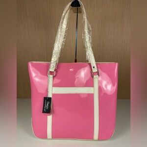 💐 Beijo Pink Patent Leather Tote Bag Cream Trim Large Shoulder Bag